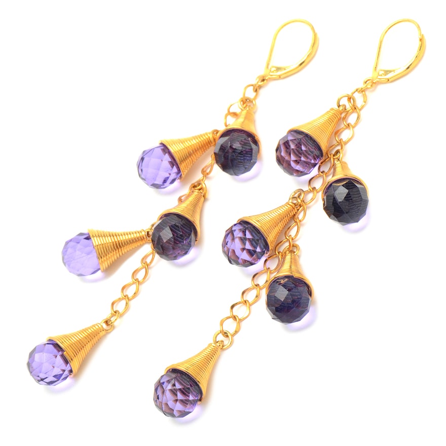 Costume Drop Earrings with Chain, Coils and Faceted Cut Purple Glass Stones