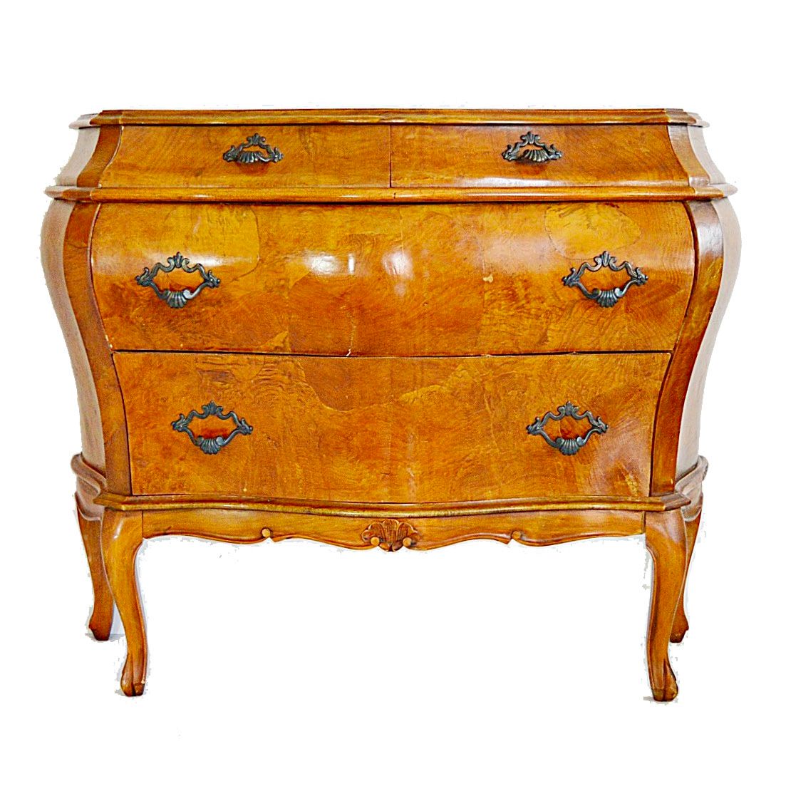Italian Rococo Style Olive Wood Oyster Veneer Bombe Chest