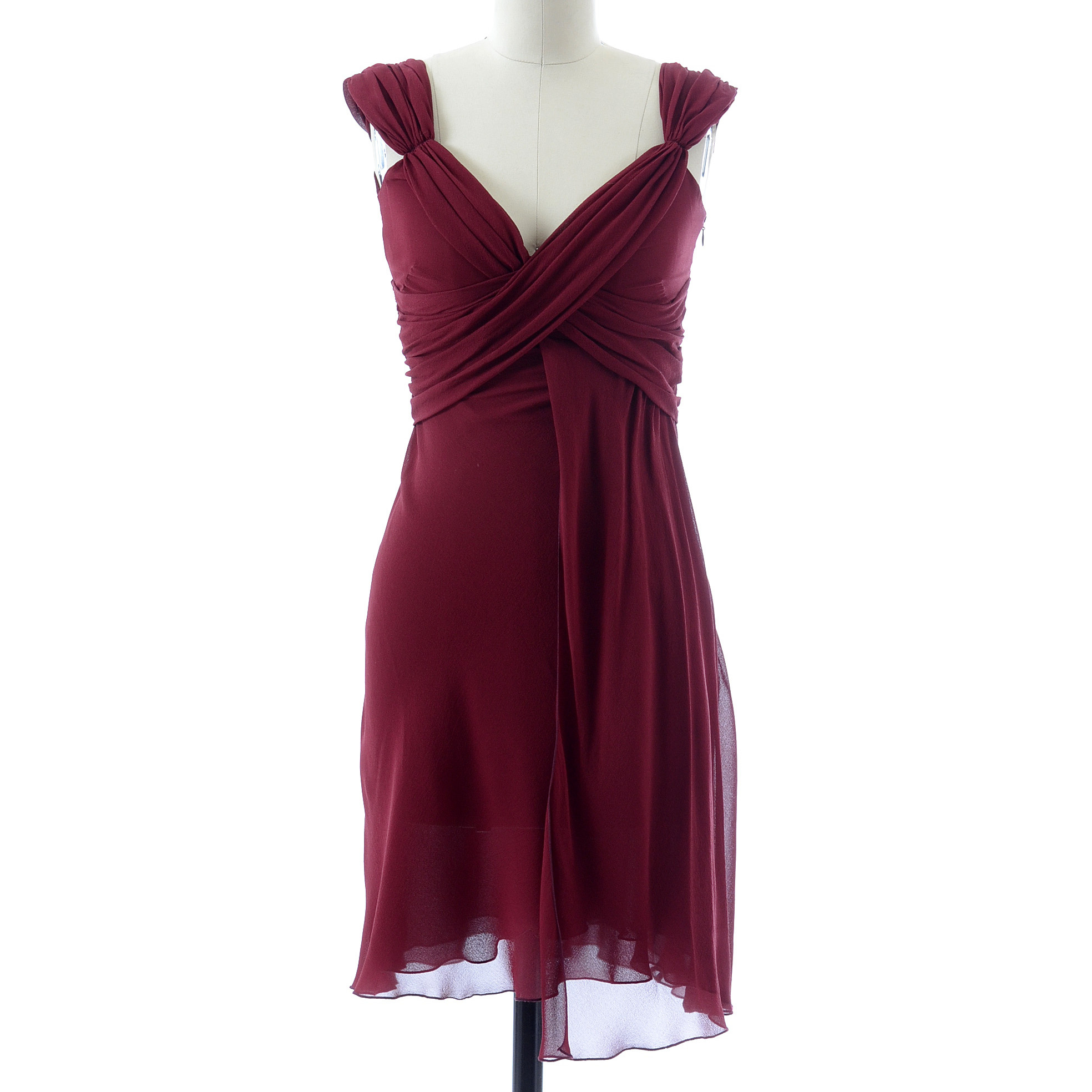 Valentino Cabernet Silk Chiffon Ruched Sleeveless Dress