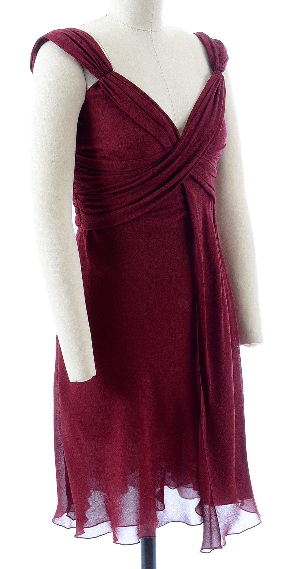 Valentino Cabernet Silk Chiffon Ruched Sleeveless Dress
