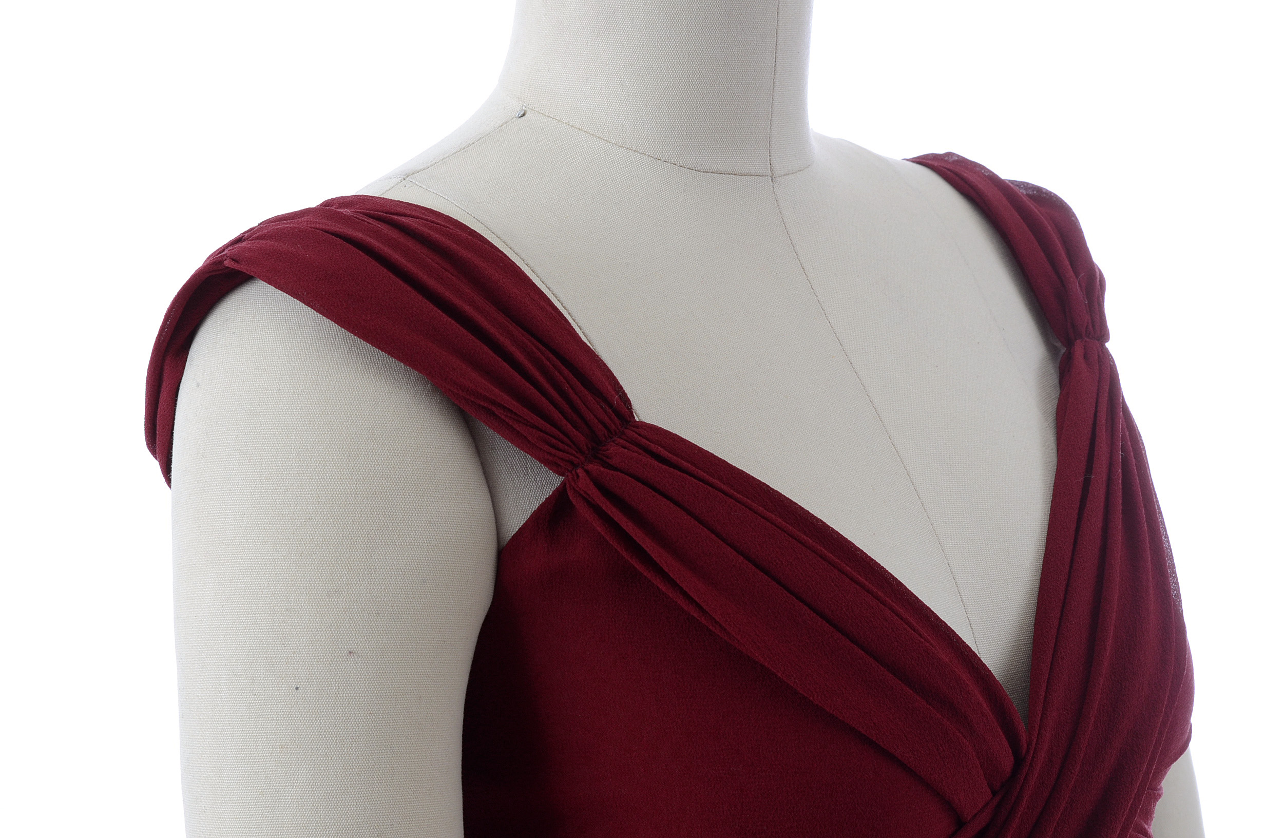 Valentino Cabernet Silk Chiffon Ruched Sleeveless Dress