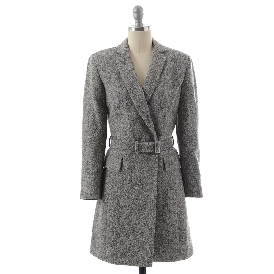 Mark Eisen Herringbone Tweed Wool Blend Single Button Walking Coat