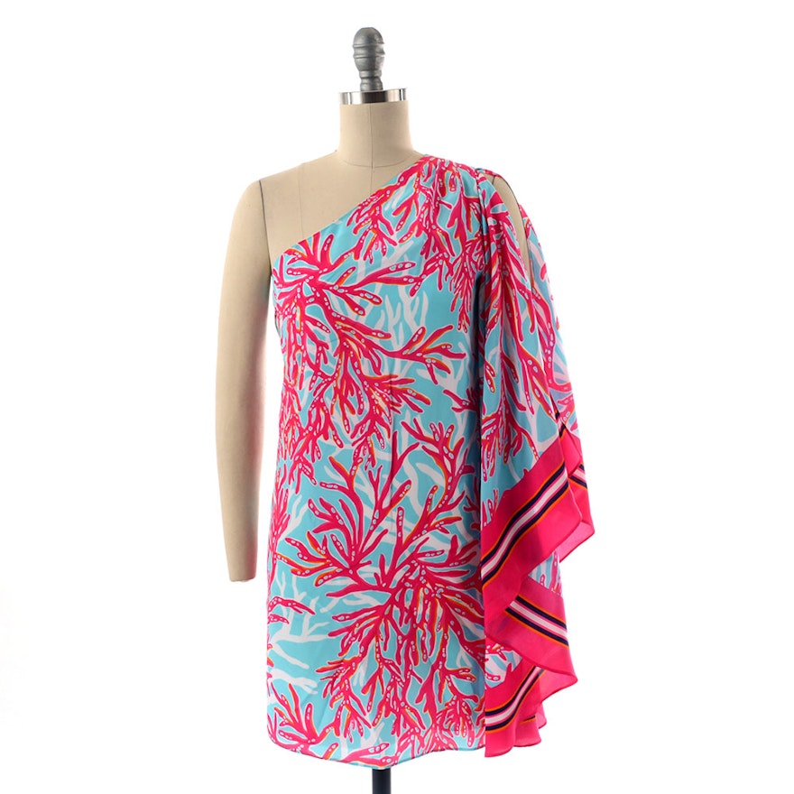 Lilly Pulitzer "Marlee" One-Shoulder Dress in a Multi-Color Polyester Coral Print