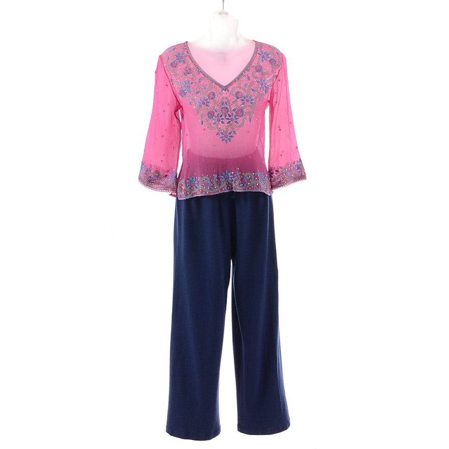 Luna Stensson Pink Silk Embroidered Blouse Paired with TSE Blue Silk/Cashmere Blend Knit Pants
