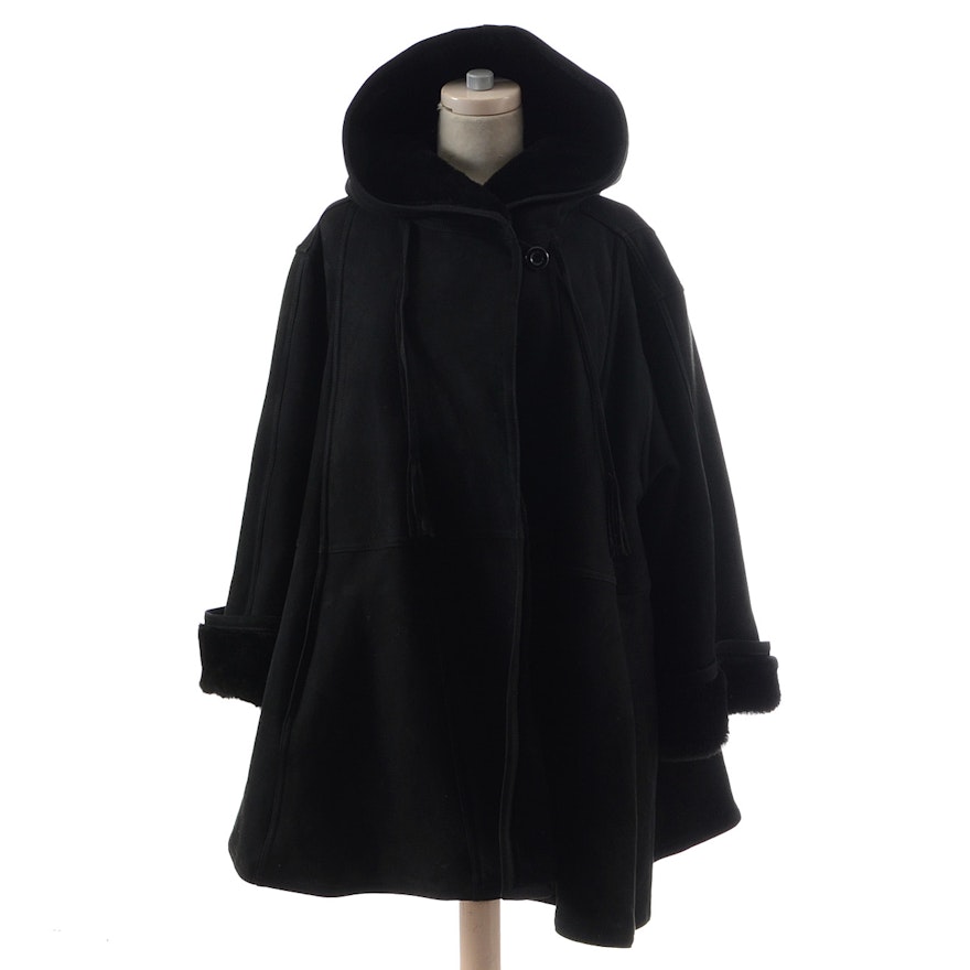 Black Suede Leather Hooded Swing Coat with Faux Fur Lining From Bergdorf Goodman On The Plaza New York
