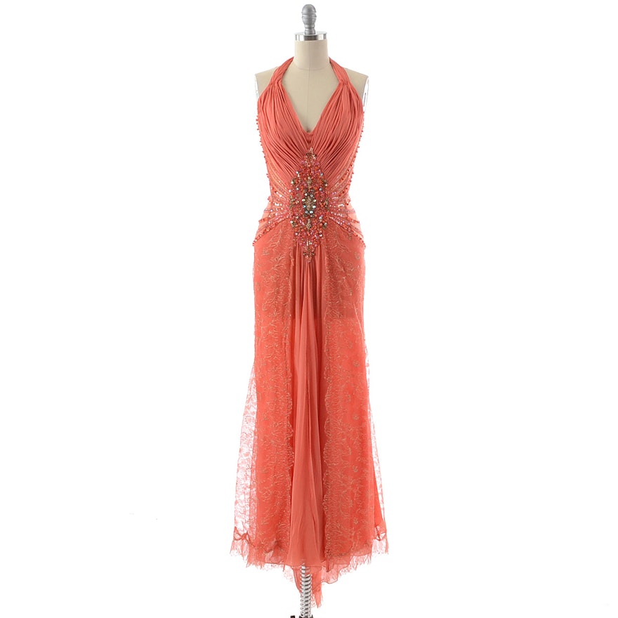 Stunning Coral Silk Chiffon and Gold Metallic Mesh Lace Halter Gown Embellished with Prong Set Aurora Borealis Crystal Rhinestones and Sequins