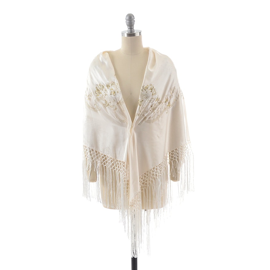 Hand Decorated Ivory Silk Shawl in Scrolling Floral Sprays with Hand Knotted Fringe