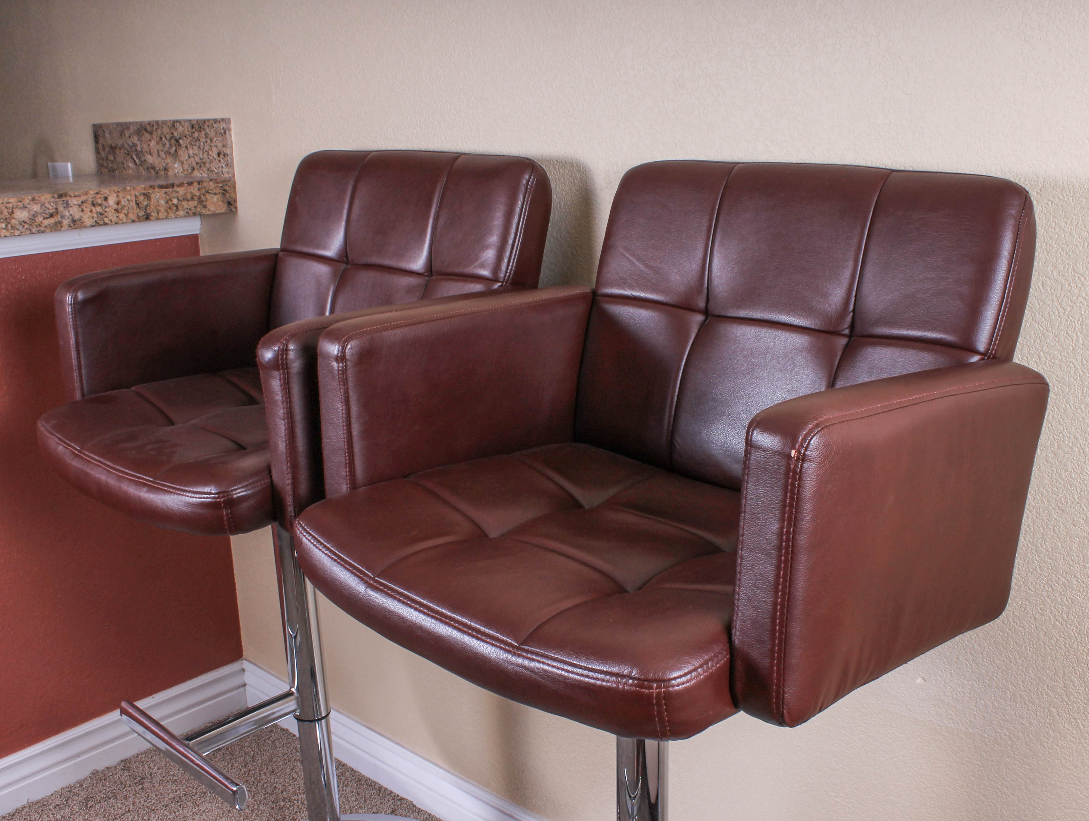 Pair of Chrome and Faux Leather Bar Stools