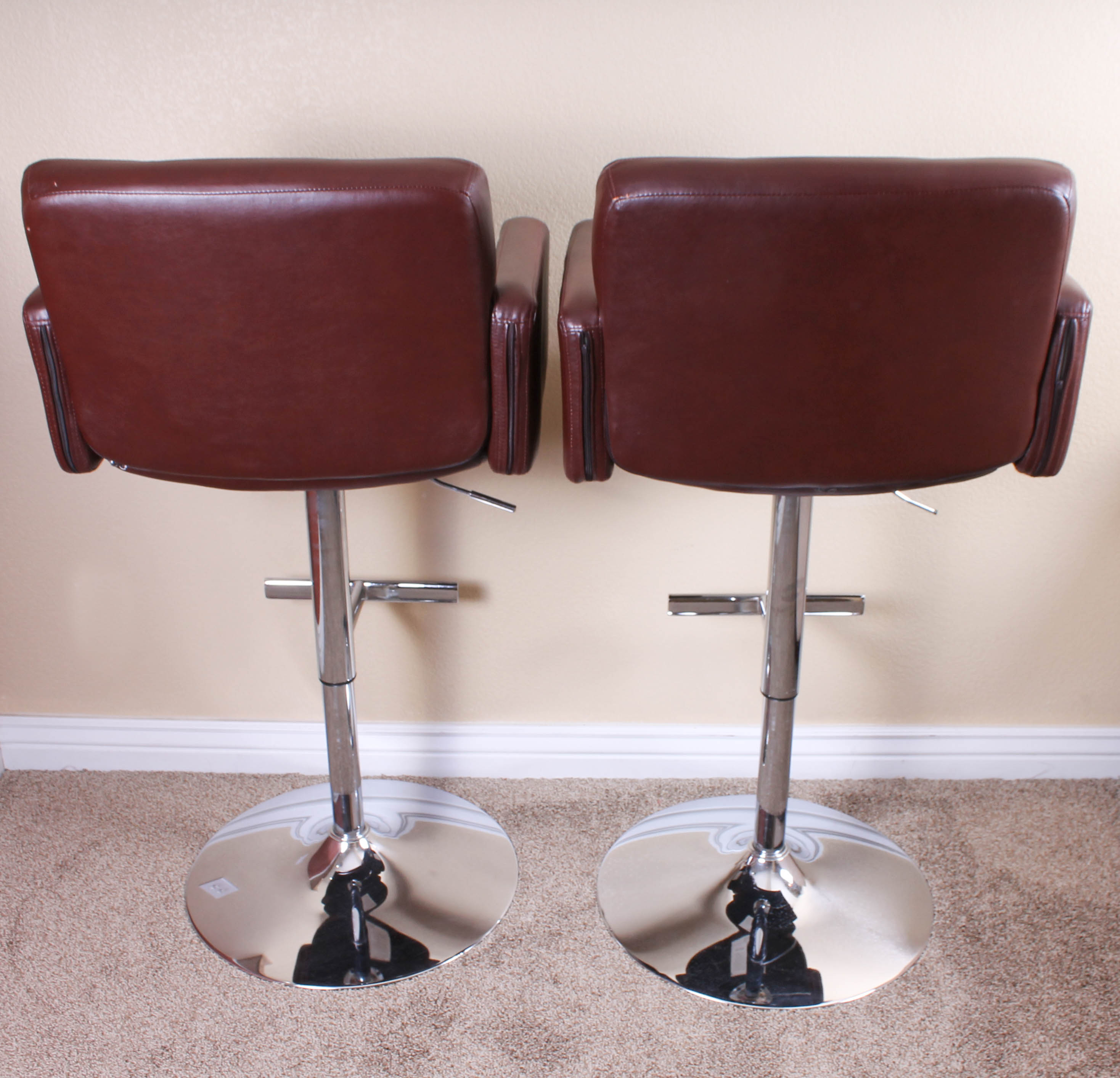 Pair of Chrome and Faux Leather Bar Stools