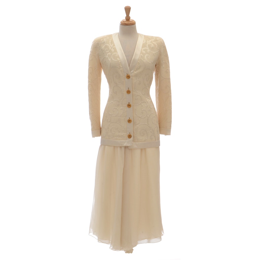 1990s Valentino Night Ivory Embossed Silk/Wool Blend Evening Jacket Paired with an Ivory Silk Chiffon Long Skirt