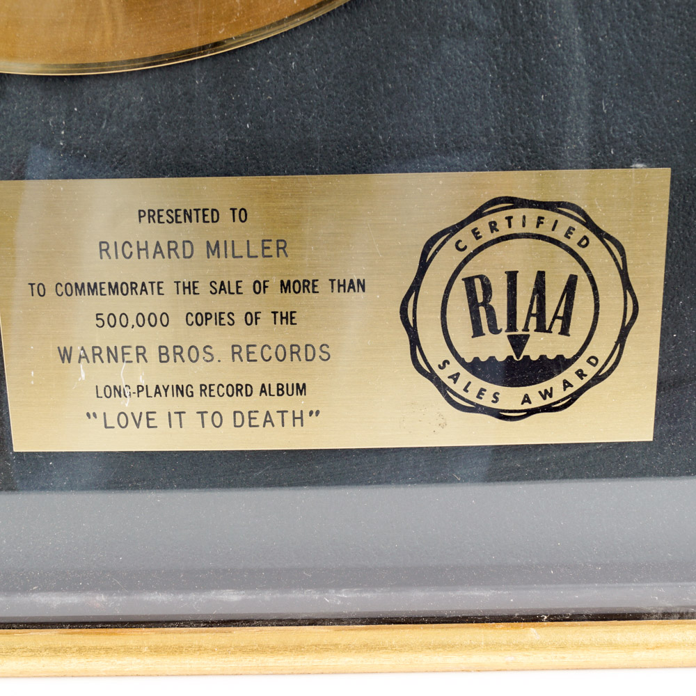 Warner Bros.' Alice Cooper "Love it to Death" Gold Record Award