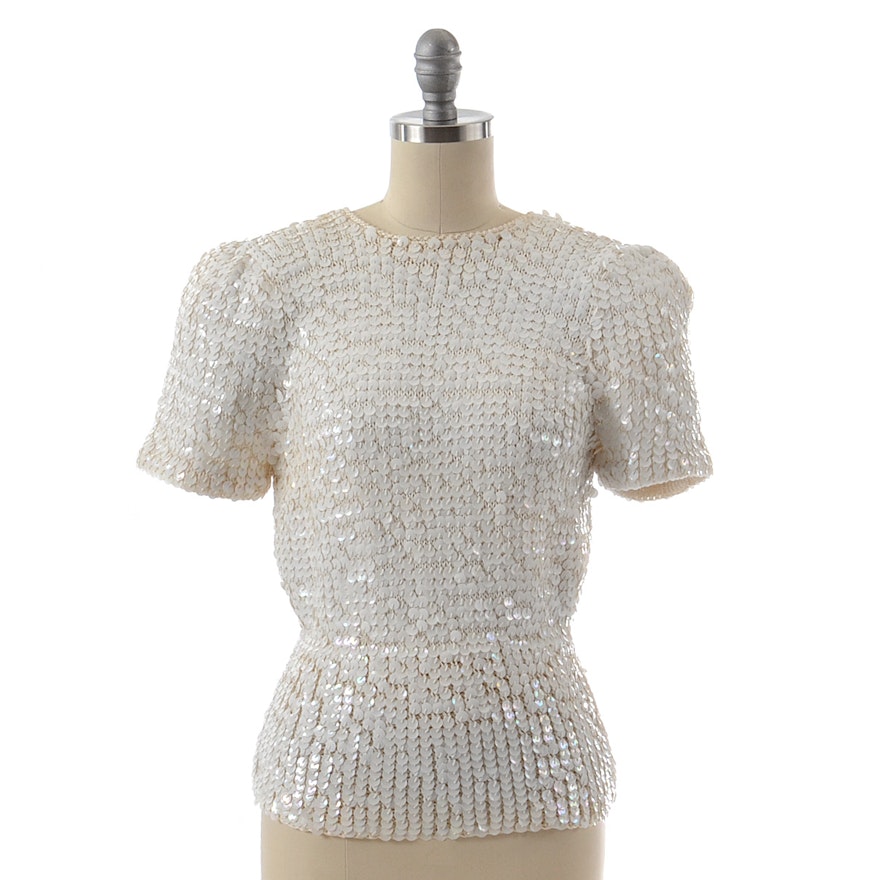 Deadstock 1980s Nanell Ivory Knit Blouse Embellished with Iridescent Sequins and Silk Bow For Saks Fifth Avenue