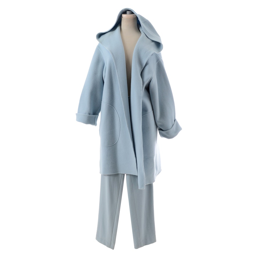 Ralph Lauren Collection Powder Blue Wool/Cashmere and Angora Blend Open Front Coat with Matching 100% Cashmere Pants