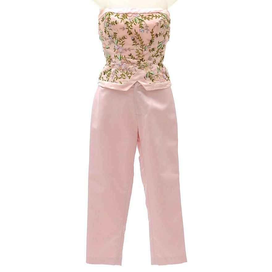 Fiandaca Formal Ensemble with Pink Silk Embroidered Strapless Bodice and Cropped Trousers