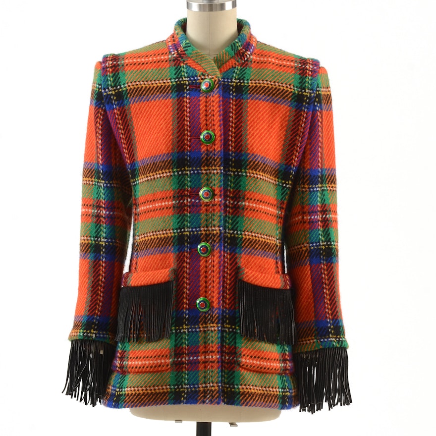 Yves Saint Laurent Rive Gauche Multi-Color Wool Jacket with Black Suede Fringe