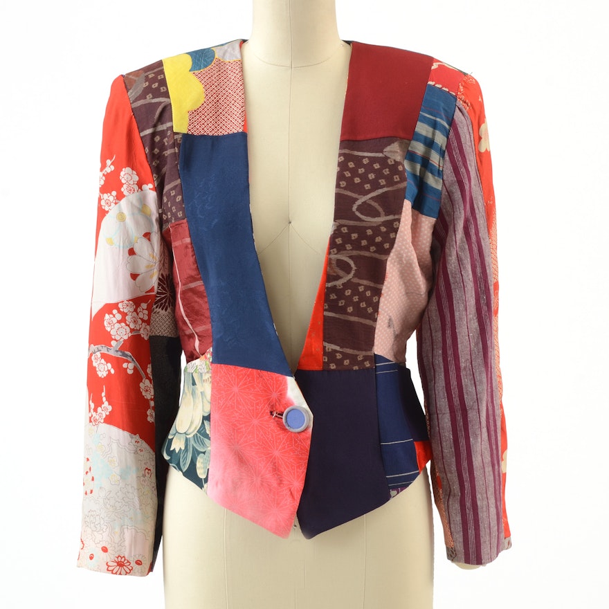 Grau Handmade Single Button Jacket Made with Vintage Kimono Fabrics