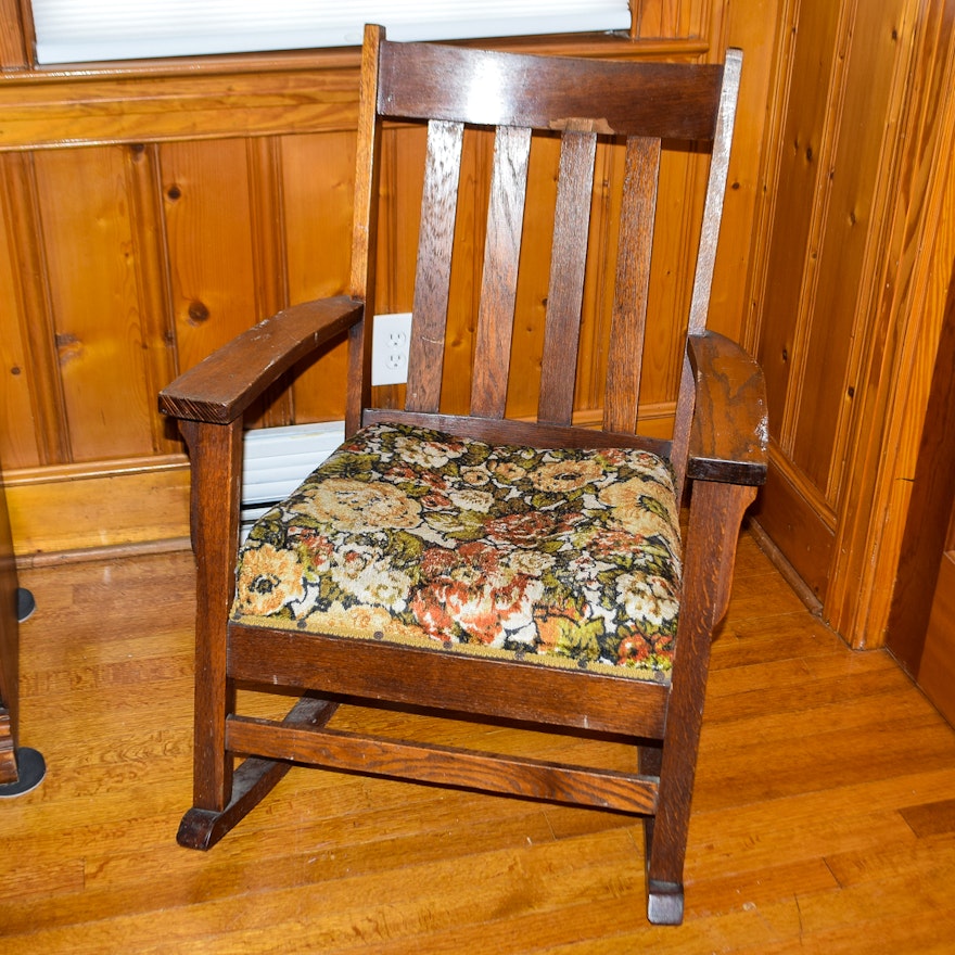 Vintage Mission Style Rocking Chair with Tapestry Seats