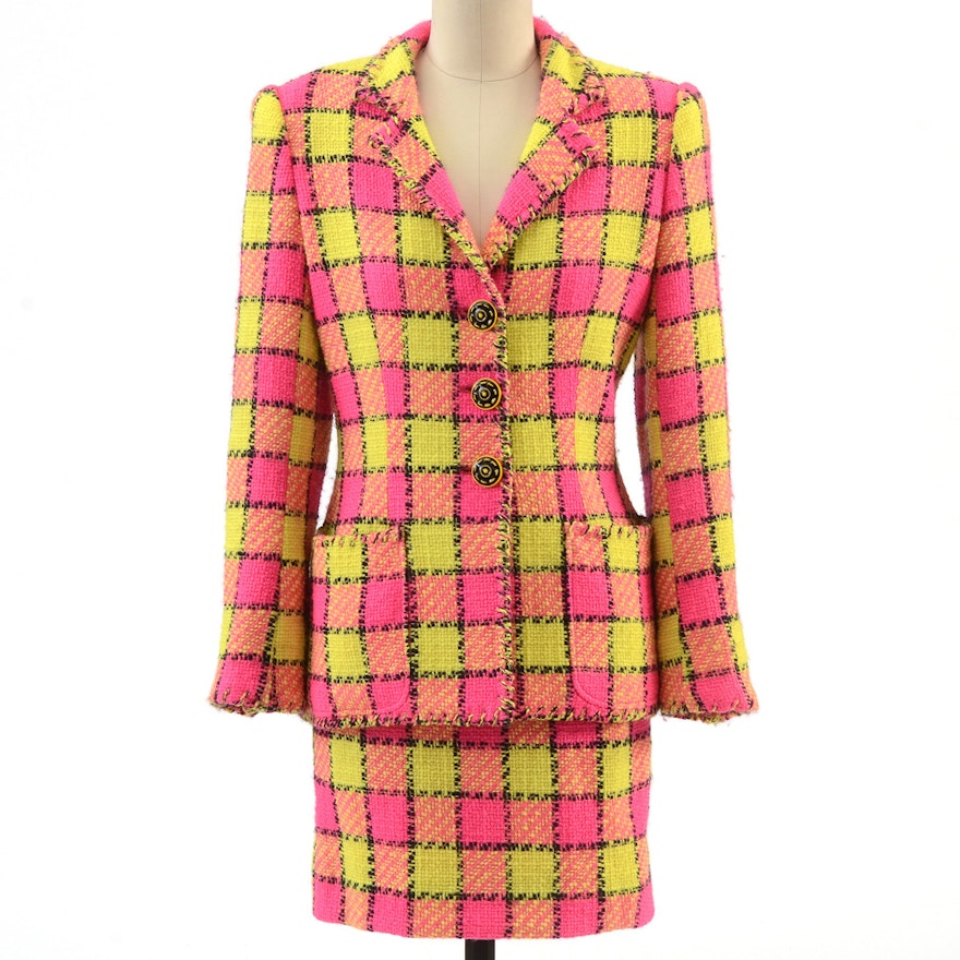 Emanuel Ungaro of Paris Parallele Bold Yellow and Hot Pink Wool Plaid Button Front Suit