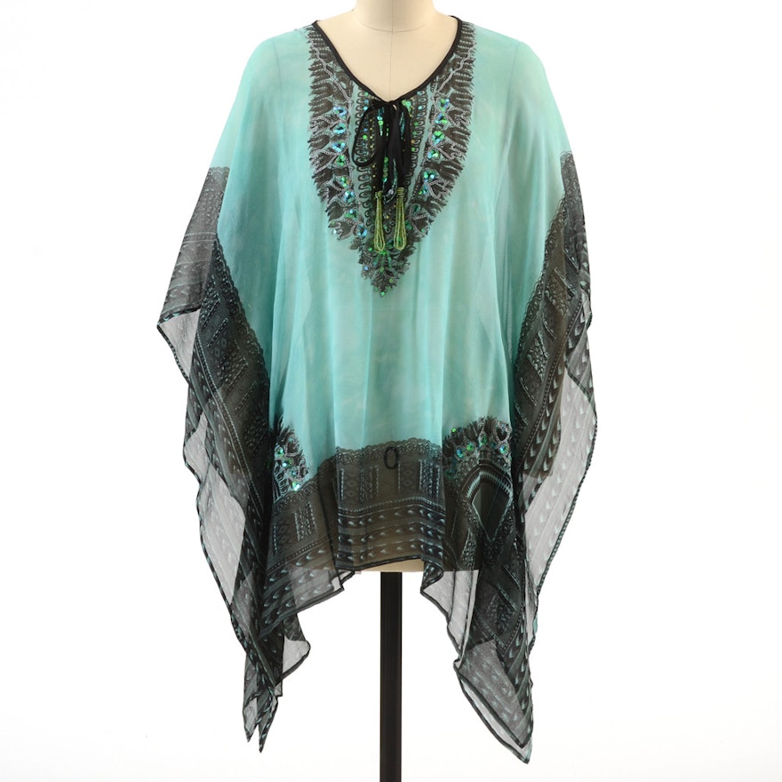 Valerie "Bamboo" Tunic Blouse In Light Teal and Black 100% Silk Print Embellished with Sequins