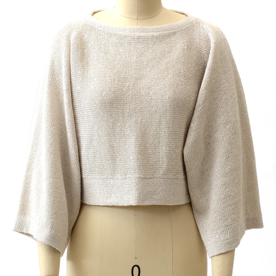 Brunello Cucinelli Italian Designer Hand Knit Paillette Pullover in a Vanilla Cotton/Linen and Silk Blend Accented in Hand Sewn Sequins, New with Tag