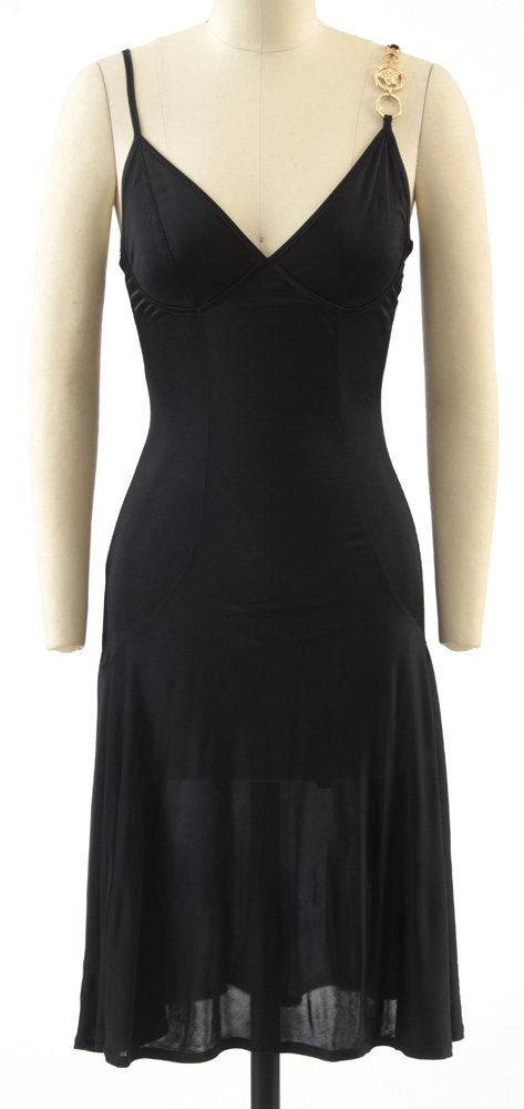 Versace Mare Black Sleeveless Slip Dress with Chain Link Medusa Logo Accent Strap Encrusted with Rhinestones