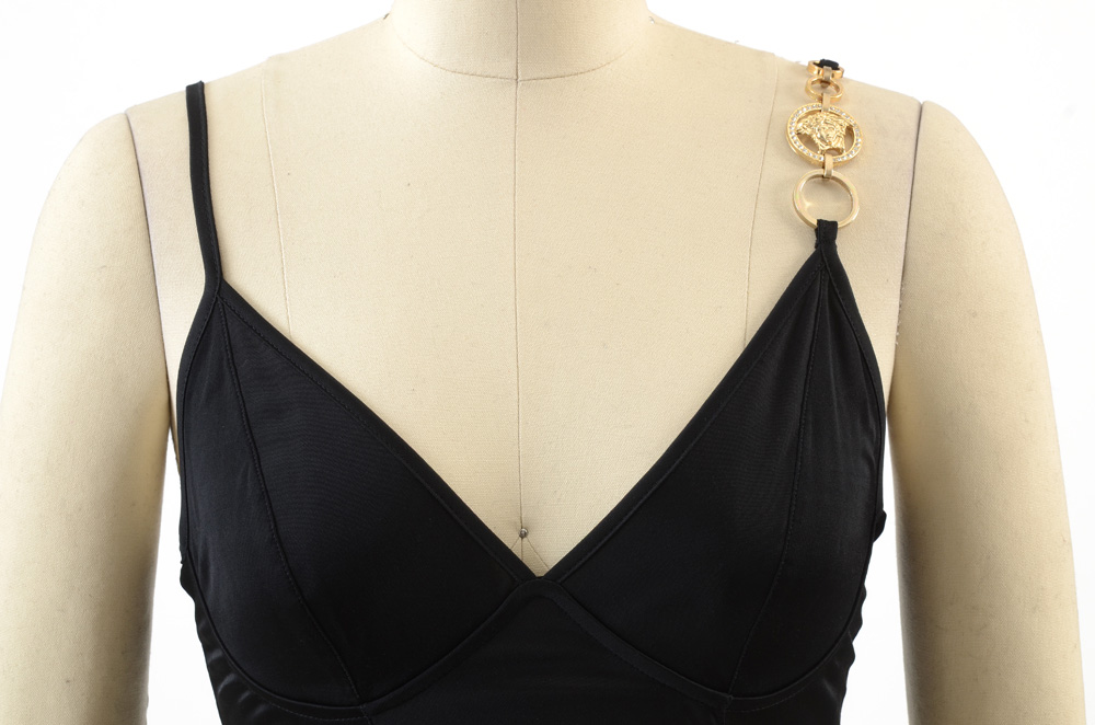 Versace Mare Black Sleeveless Slip Dress with Chain Link Medusa Logo Accent Strap Encrusted with Rhinestones