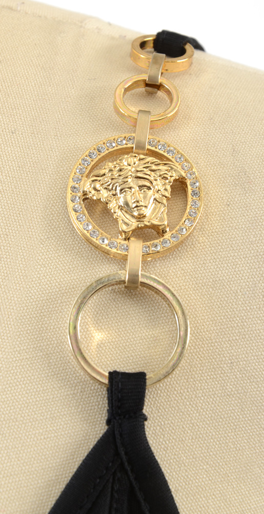 Versace Mare Black Sleeveless Slip Dress with Chain Link Medusa Logo Accent Strap Encrusted with Rhinestones