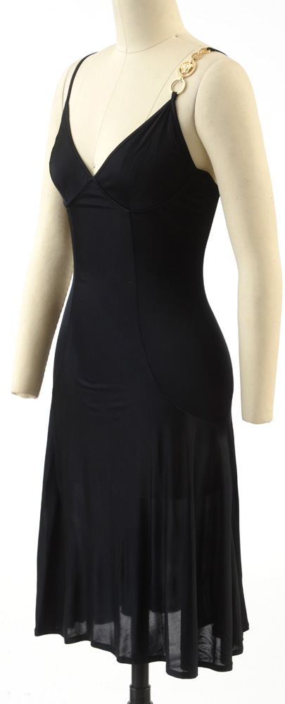 Versace Mare Black Sleeveless Slip Dress with Chain Link Medusa Logo Accent Strap Encrusted with Rhinestones