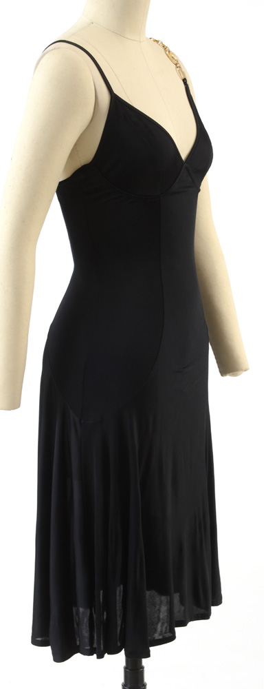 Versace Mare Black Sleeveless Slip Dress with Chain Link Medusa Logo Accent Strap Encrusted with Rhinestones