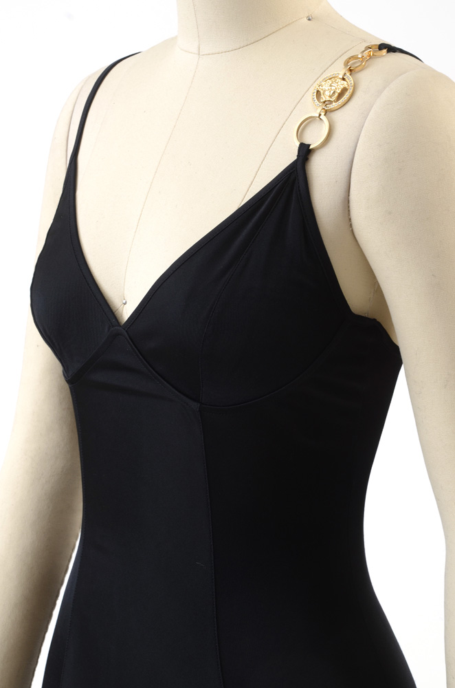 Versace Mare Black Sleeveless Slip Dress with Chain Link Medusa Logo Accent Strap Encrusted with Rhinestones