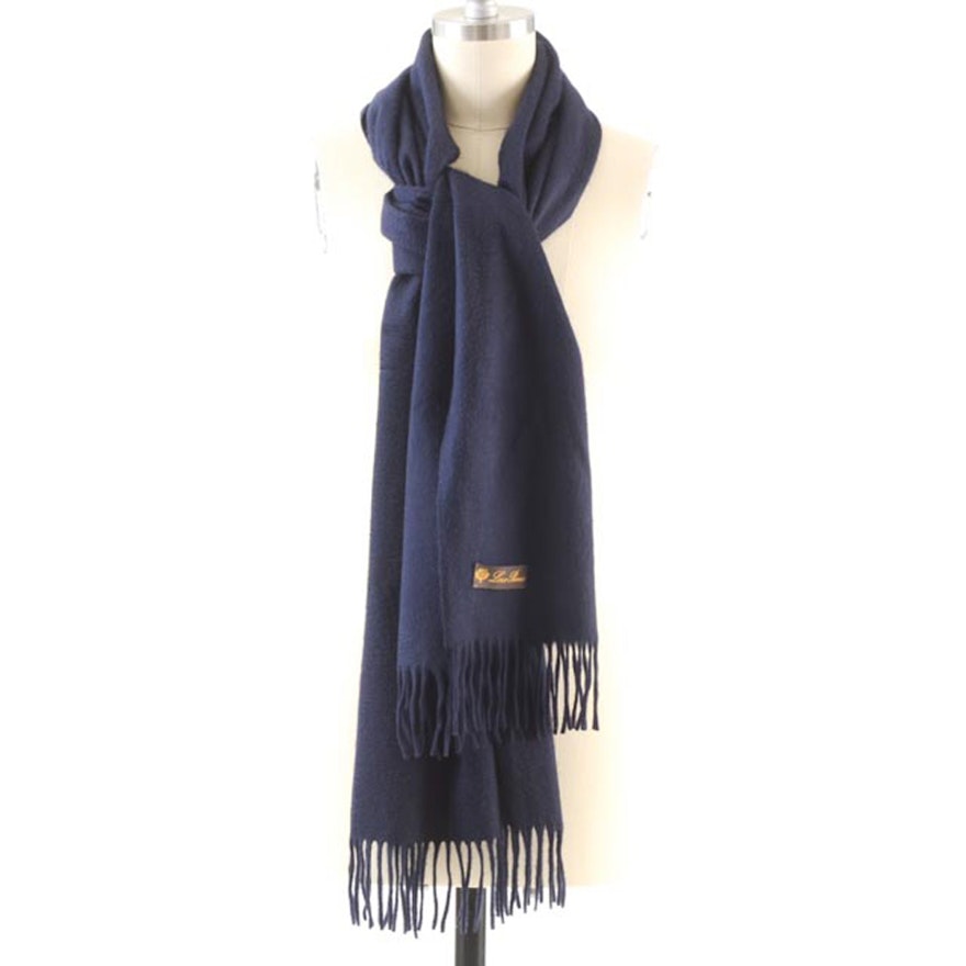 Loro Piana Navy Blue LUXE Grand Cashmere Wrap with Fringe