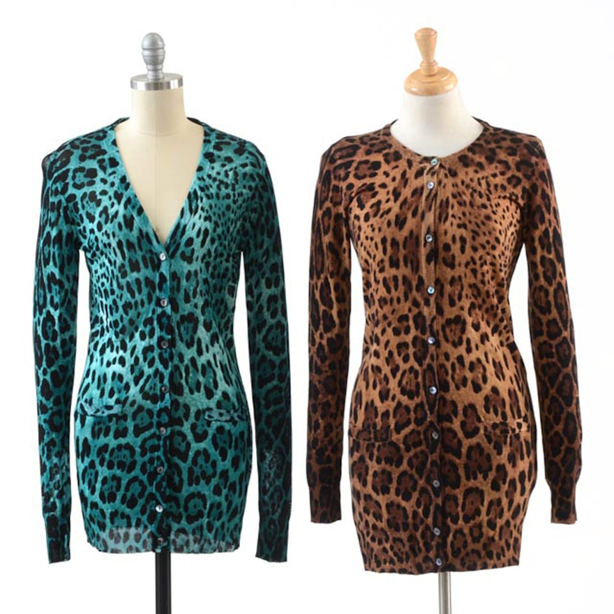 Two Dolce & Gabbana Button Front Leopard Print Knit Long Cardigans