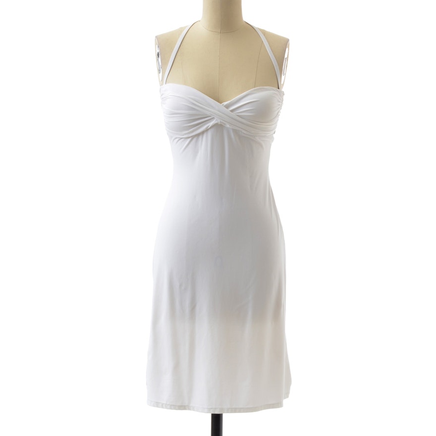 Carmen Marc Valvo White Nylon Blend Jersey Strapless Halter Swim Dress with Ruched Padded Bodice