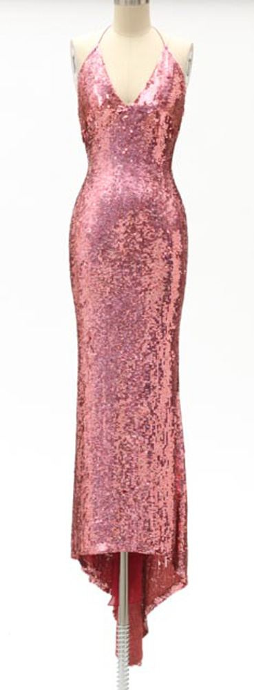 Badgley Mischka Designer Pink Sequined Fuschia Silk Halter Strap Evening Gown with V-Cut Neckline and Signature Label That Reads "ERICA 15612" in Black Marker