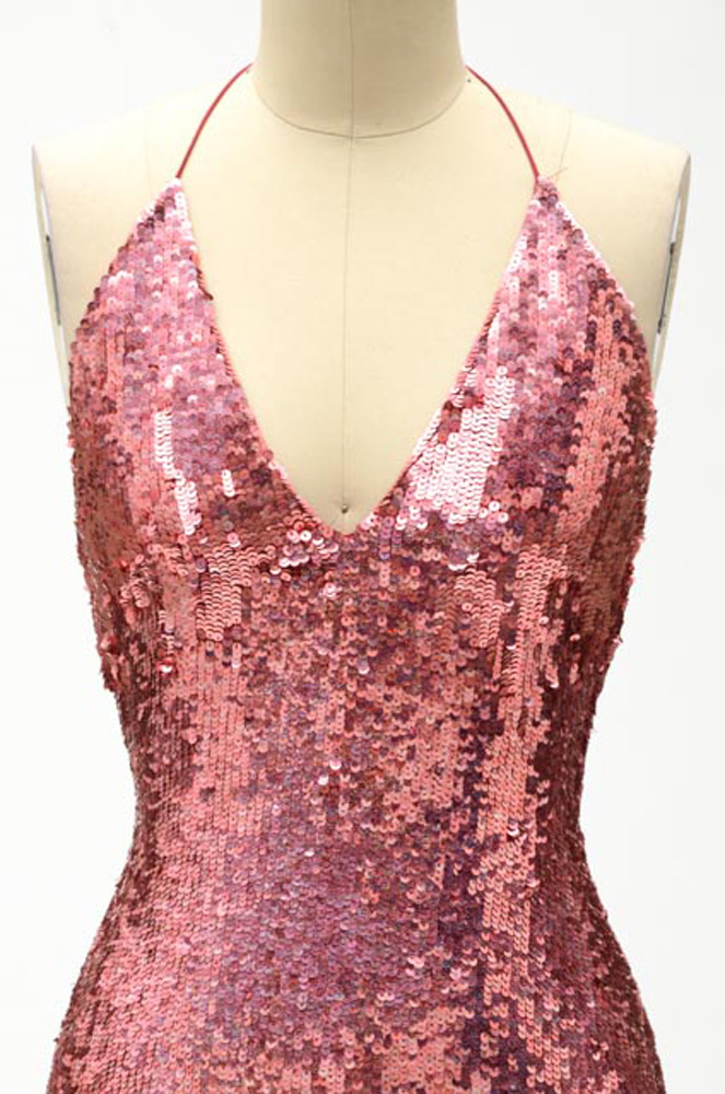 Badgley Mischka Designer Pink Sequined Fuschia Silk Halter Strap Evening Gown with V-Cut Neckline and Signature Label That Reads "ERICA 15612" in Black Marker