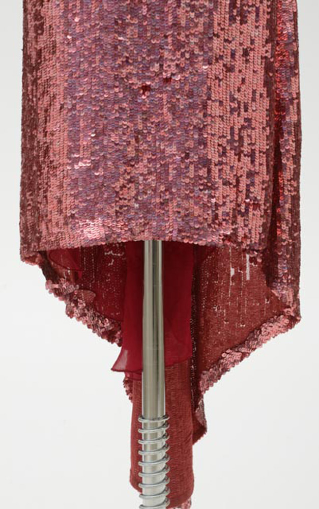 Badgley Mischka Designer Pink Sequined Fuschia Silk Halter Strap Evening Gown with V-Cut Neckline and Signature Label That Reads "ERICA 15612" in Black Marker