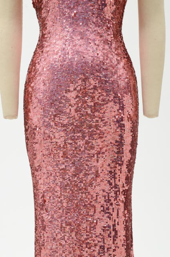 Badgley Mischka Designer Pink Sequined Fuschia Silk Halter Strap Evening Gown with V-Cut Neckline and Signature Label That Reads "ERICA 15612" in Black Marker