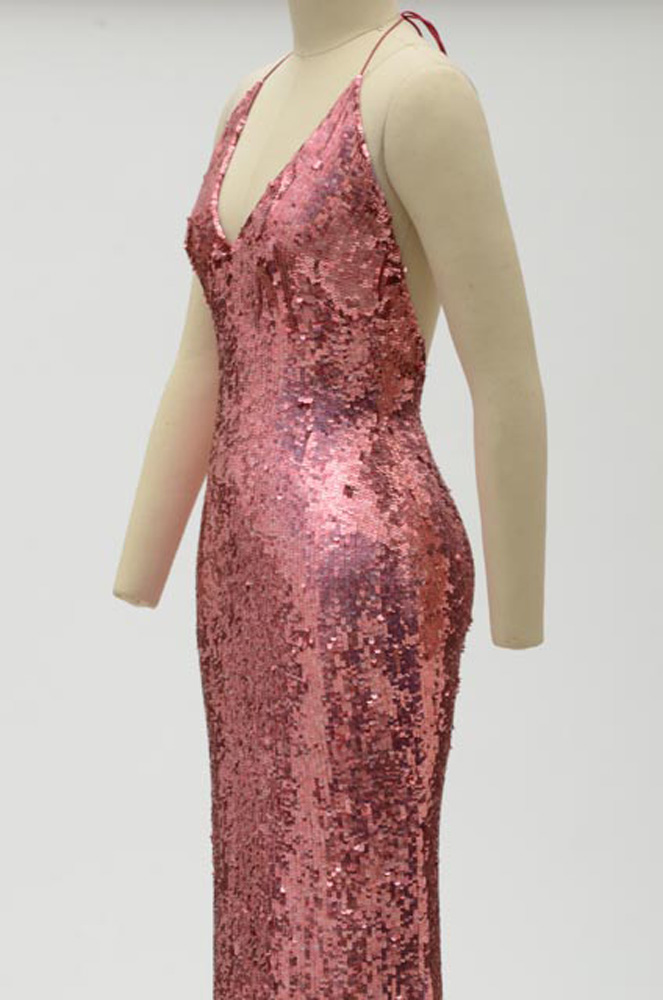 Badgley Mischka Designer Pink Sequined Fuschia Silk Halter Strap Evening Gown with V-Cut Neckline and Signature Label That Reads "ERICA 15612" in Black Marker