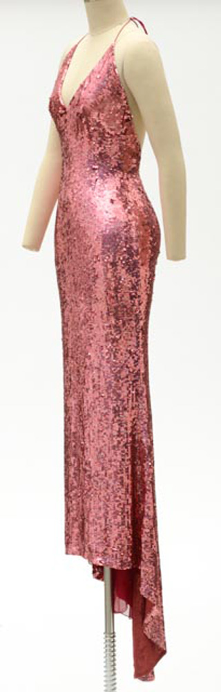 Badgley Mischka Designer Pink Sequined Fuschia Silk Halter Strap Evening Gown with V-Cut Neckline and Signature Label That Reads "ERICA 15612" in Black Marker