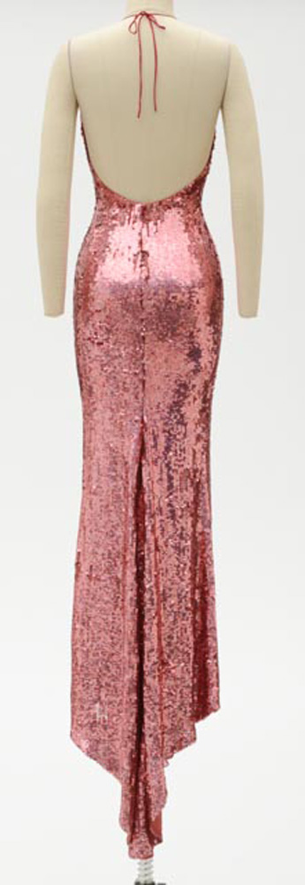 Badgley Mischka Designer Pink Sequined Fuschia Silk Halter Strap Evening Gown with V-Cut Neckline and Signature Label That Reads "ERICA 15612" in Black Marker