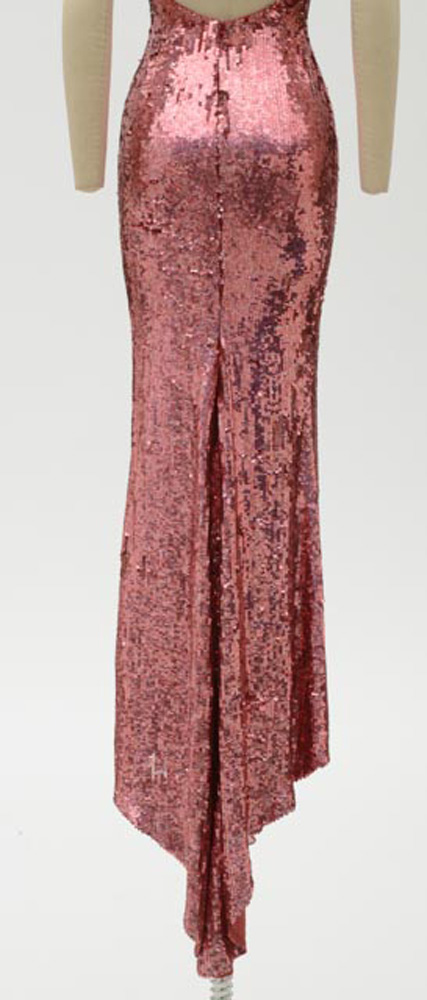 Badgley Mischka Designer Pink Sequined Fuschia Silk Halter Strap Evening Gown with V-Cut Neckline and Signature Label That Reads "ERICA 15612" in Black Marker