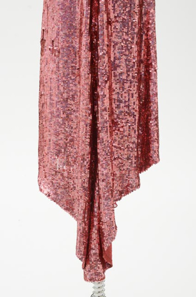 Badgley Mischka Designer Pink Sequined Fuschia Silk Halter Strap Evening Gown with V-Cut Neckline and Signature Label That Reads "ERICA 15612" in Black Marker