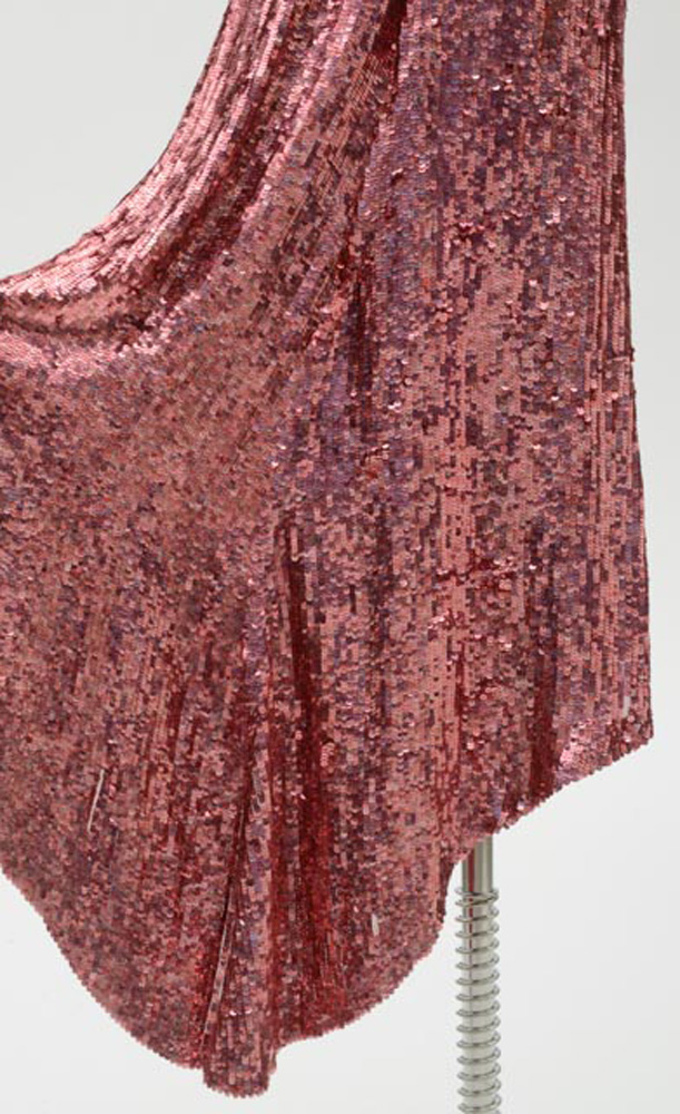 Badgley Mischka Designer Pink Sequined Fuschia Silk Halter Strap Evening Gown with V-Cut Neckline and Signature Label That Reads "ERICA 15612" in Black Marker