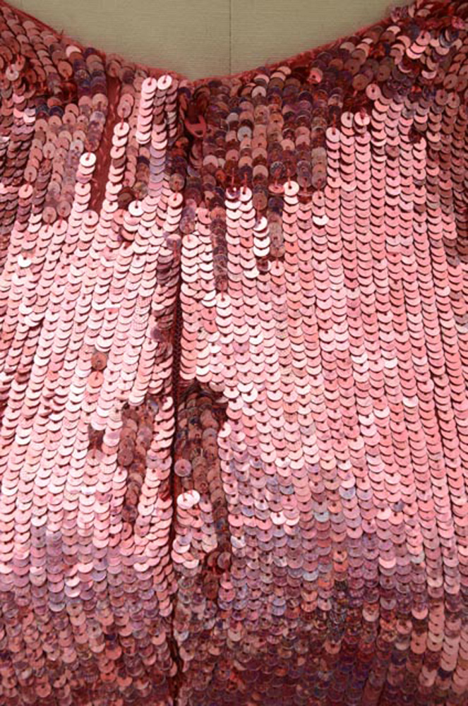 Badgley Mischka Designer Pink Sequined Fuschia Silk Halter Strap Evening Gown with V-Cut Neckline and Signature Label That Reads "ERICA 15612" in Black Marker