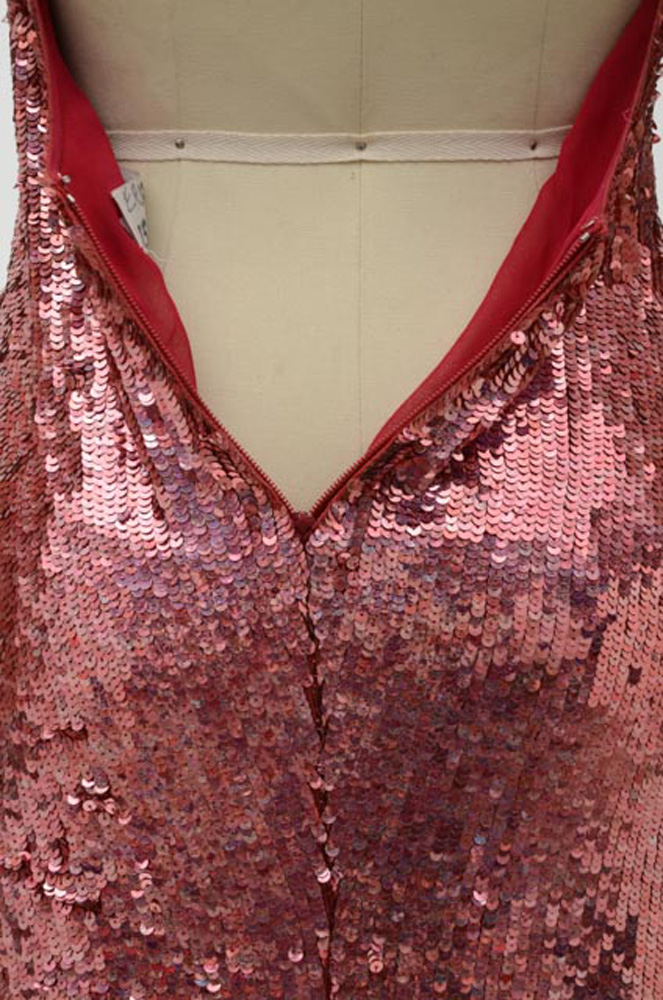 Badgley Mischka Designer Pink Sequined Fuschia Silk Halter Strap Evening Gown with V-Cut Neckline and Signature Label That Reads "ERICA 15612" in Black Marker