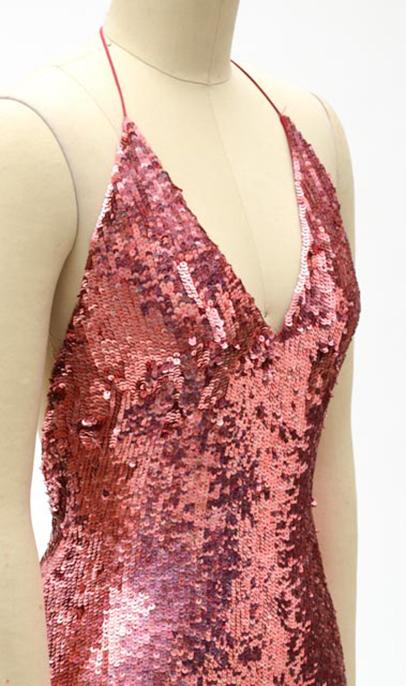Badgley Mischka Designer Pink Sequined Fuschia Silk Halter Strap Evening Gown with V-Cut Neckline and Signature Label That Reads "ERICA 15612" in Black Marker