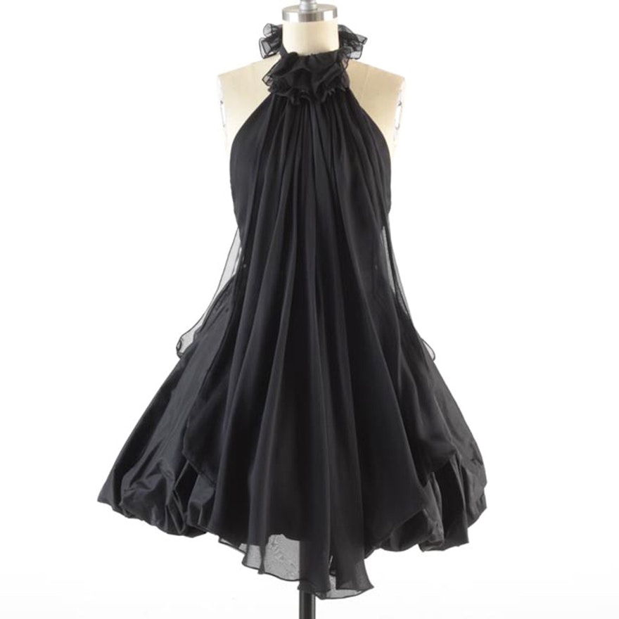 Lily se Cie Black Silk Draped Halter Blouse Paired with a Black Silk Mini Bubble Skirt