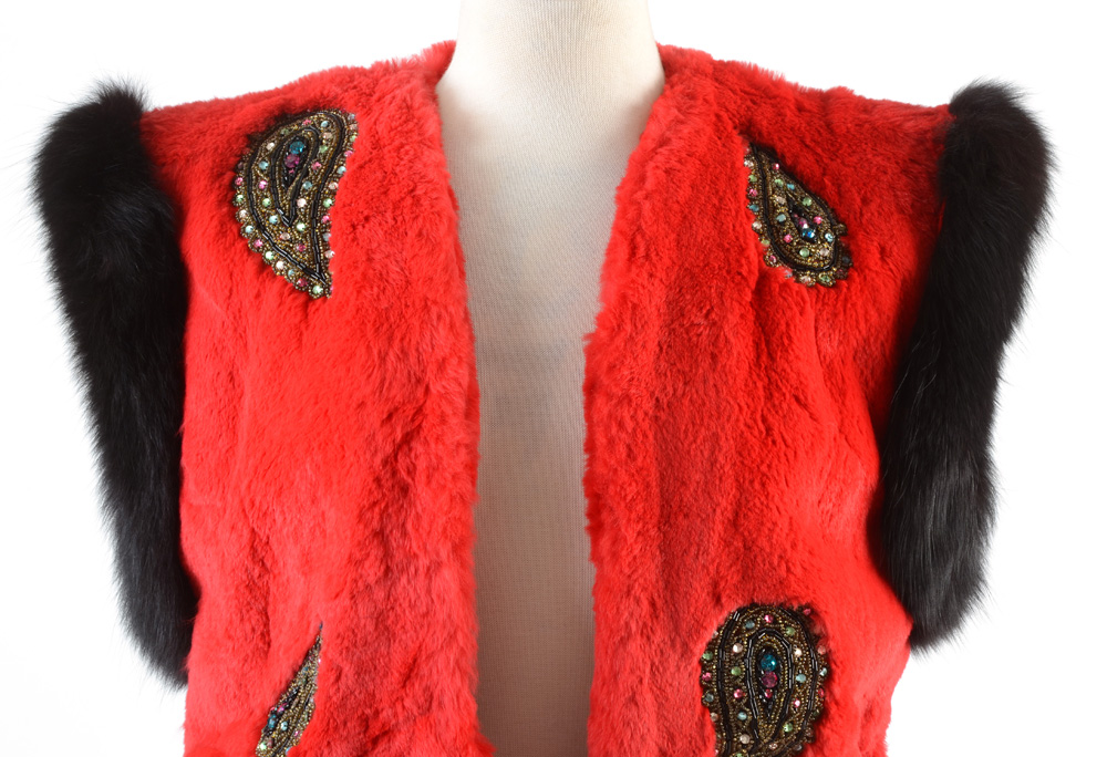 Adrienne Landau Dyed Red Rabbit Fur Open Front Vest Trimmed in Black Fox Fur and Embellished with Beaded Paisley