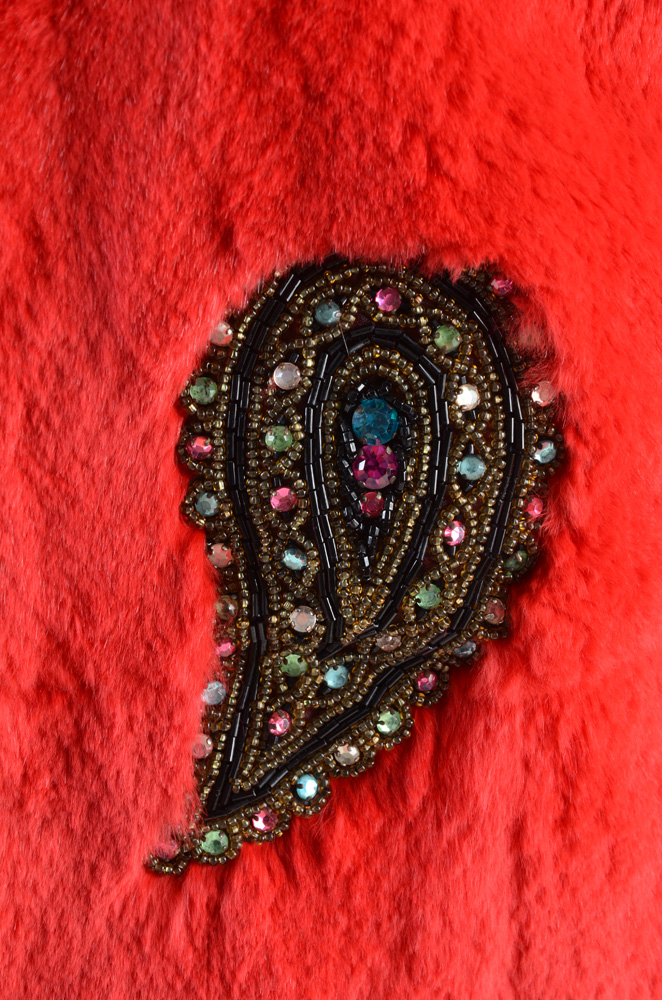 Adrienne Landau Dyed Red Rabbit Fur Open Front Vest Trimmed in Black Fox Fur and Embellished with Beaded Paisley