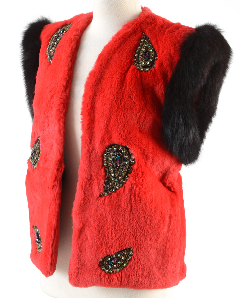 Adrienne Landau Dyed Red Rabbit Fur Open Front Vest Trimmed in Black Fox Fur and Embellished with Beaded Paisley